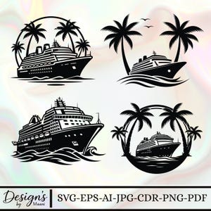 May include: Black and white illustrations of cruise ships and palm trees. The image shows four different designs of cruise ships, some framed by palm trees. The image includes the text "Design's by Maani" and file type information.