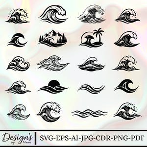 Puede incluir: Una colección de veinte ilustraciones vectoriales en blanco y negro con varios diseños de olas oceánicas, incluyendo algunas con montañas, palmeras y soles. El texto inferior dice Design's by Maani SVG-EPS-AI-JPG-CDR-PNG-PDF.