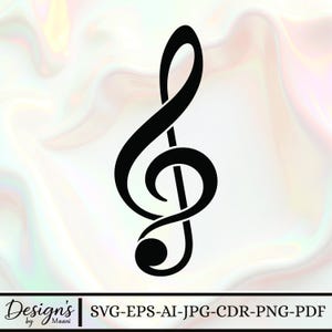 May include: A black treble clef musical symbol on a white background with a swirling, iridescent pattern. The image includes the text "Design's by Maani" and file type options: SVG-EPS-AI-JPG-CDR-PNG-PDF.