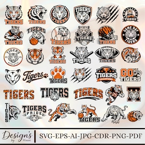 May include: A collection of graphic designs featuring tiger illustrations, sports motifs, and the text TIGERS. The images include tigers with footballs, basketballs, volleyballs, and trophies, rendered in black, white, and orange color schemes.