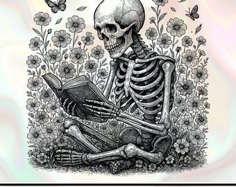 Floral Skeleton Reading Book Art | Gothic T-Shirt Design (SVG PNG JPG)