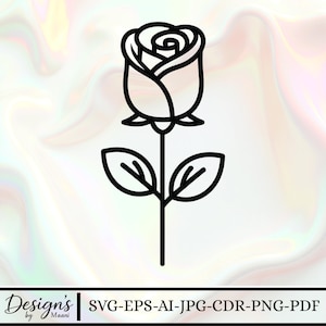 Può includere: Illustrazione in bianco e nero di una rosa con stelo e foglie. La rosa è in piena fioritura, con petali dettagliati. Include il testo "Design's by Maani" e le opzioni di file: SVG-EPS-AI-JPG-CDR-PNG-PDF.
