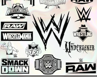 May include: A collection of black and white wrestling-themed logos and graphics. Includes the "WrestleMania" and "RAW" logos, a championship belt, and stylized text for "Undertaker" and "SmackDown". The image also includes the text "Design's by Maani" and file type formats.