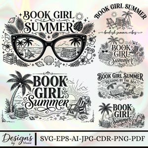 Puede incluir: Una colección de ilustraciones digitales en blanco y negro con el texto Book Girl Summer. Los diseños incluyen gafas de sol estilo ojo de gato, palmeras, pilas de libros, sillas de playa, flores de hibisco, conchas y soles.