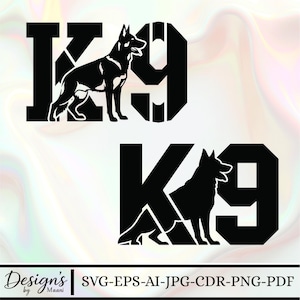 Może przedstawiać: Czarno-biała grafika K9 z psem w literach K i 9. Projekt zawiera tekst "Design's by Maani" i opcje typu pliku: SVG-EPS-AI-JPG-CDR-PNG-PDF.