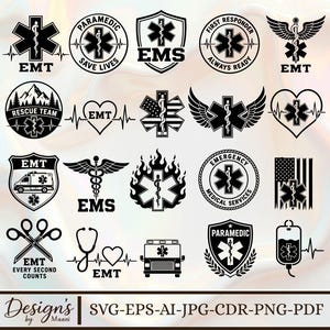 Pode incluir: Uma coleção de gráficos digitais em preto e branco com símbolos médicos, incluindo a Estrela da Vida, caduceu, ambulâncias, estetoscópios e corações. O texto inclui EMT, Paramedic, Rescue Team e Emergency Medical Services.