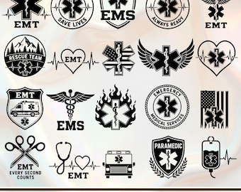 EMT Sign SVG, Star of Life Svg, Rod of Asclepius Medical Symbol, Paramedic Svg, EMS Logo, Emergency Medical Monogram Cut File Silhouette