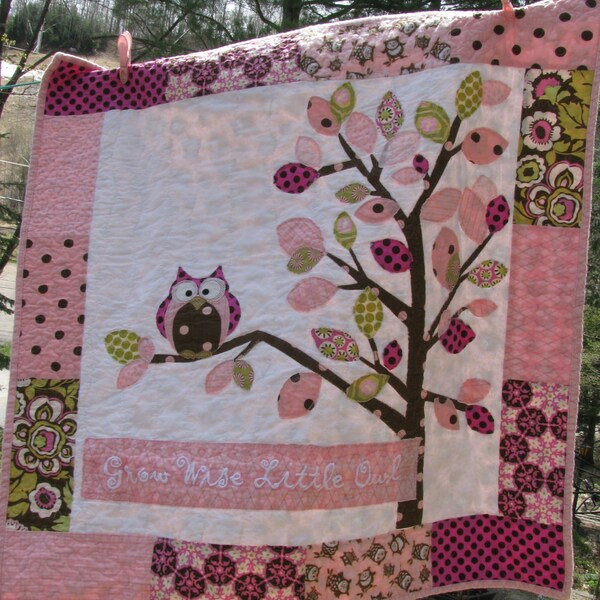 Owl baby girl quilt of flannel & cotton in pink, chocolate brown, sage, white with tree