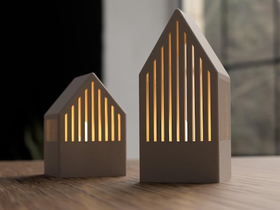 Minimalistische LED-Teelichthäuser im skandinavischen Stil – 3D-Druck Dekoration aus PLA, modernes Haus-Set (79 mm & 115 mm)