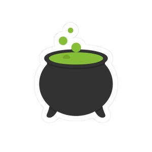 May include: A black cauldron sticker with a green bubbling potion inside. The cauldron has three small legs and is emitting three green bubbles. The sticker is on a white background, perfect for Halloween.