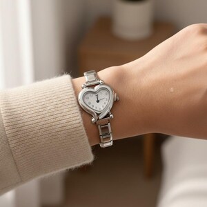 VTG Leather Heart Cutout Silver Watch Yves Saint Laurent YSL Heart Watch Silver Quartz Bangle  main image 2