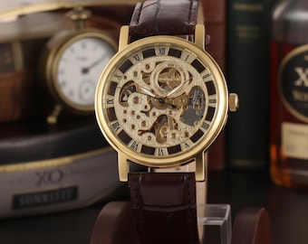 Orologio automatico scheletrato da uomo - Quadrante dorato, stile steampunk