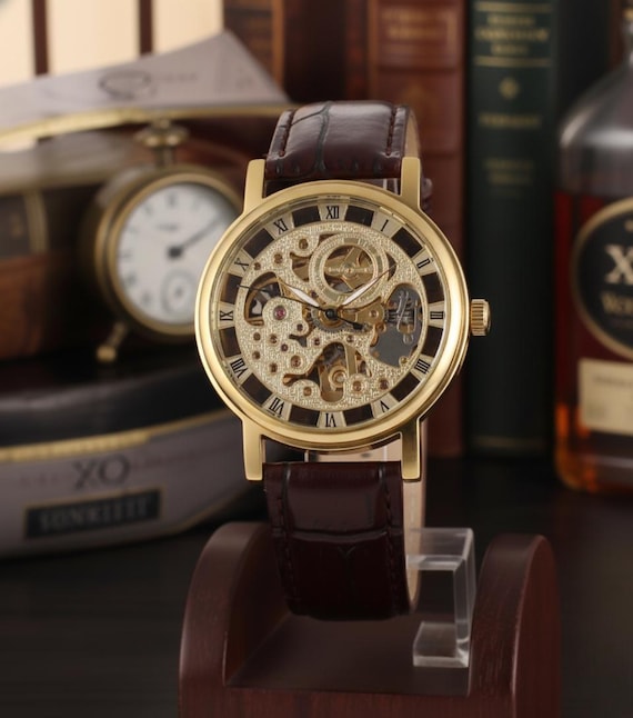 Men's Automatic Skeleton Watch – Gold Face, Steampunk Style