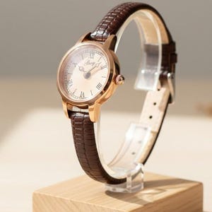 May include: A rose gold wristwatch with a brown leather strap. The watch face is cream-coloured with Roman numerals. The watch is displayed on a wooden block.