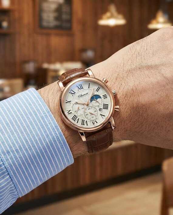 Men's Rose Gold Chronograph Watch – Moon Phase, Genuine Leather