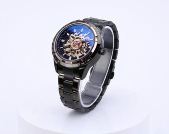 Men's Black Steel Automatic Watch - Rose Gold Skeleton Dial
