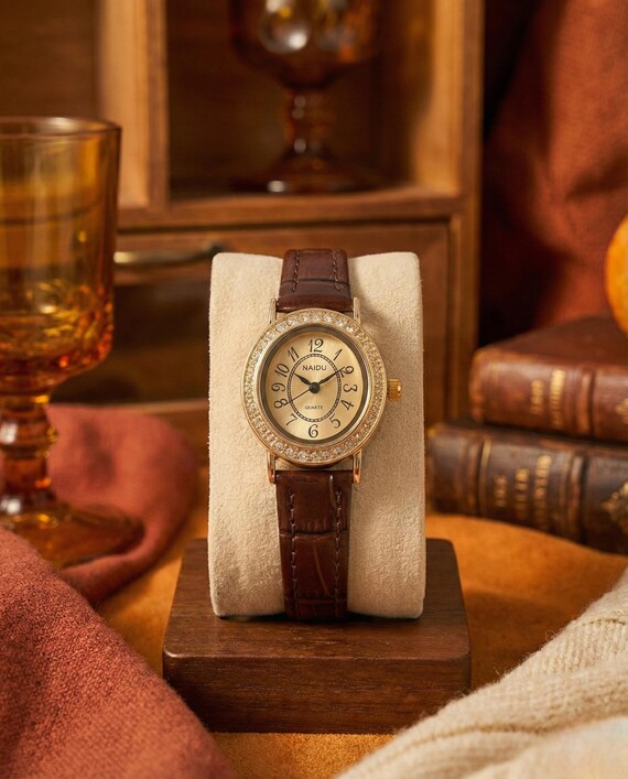 Vintage Oval Gold Watch • Rhinestone Bezel, Leather Strap - Etsy display picture 2