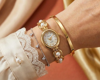 Vintage Pearl Bracelet Watch – Gold Stainless Steel, Adjustable