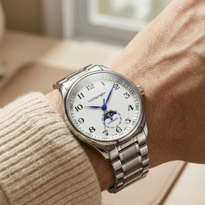 May include: A silver wristwatch with a white face and blue hands is displayed. The watch features a moon phase indicator and the text "Luolingongjue" on the face. The watch is on a silver link band.