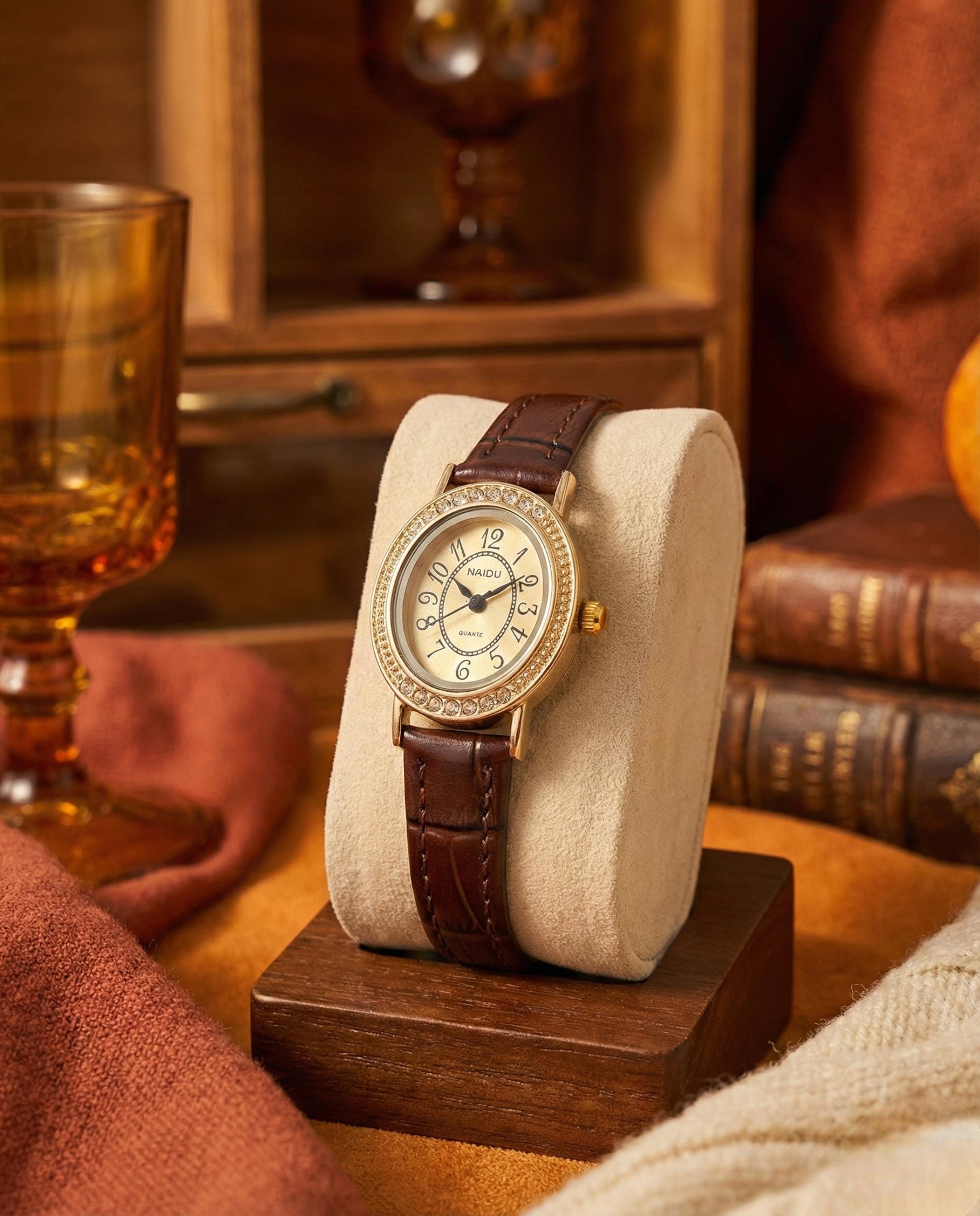 Vintage Oval Gold Watch • Rhinestone Bezel, Leather Strap - Etsy display picture 1