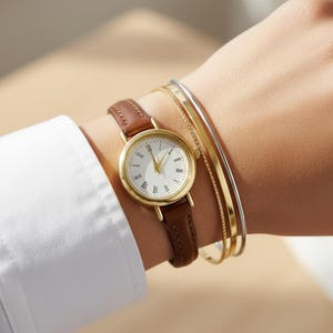 Slim Minimalist Quartz Analog Watch, Gold-Tone Case with Leather Strap, Elegant PINDOWS Slim Minimalist Quartz Analog Watch for Women, Gold  main image 3