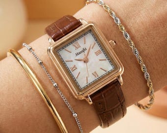 Gold Tank Watch • Vintage Square Face, Brown Leather Strap