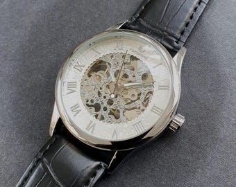 Reloj automático esqueleto - Correa de cuero negra, cristal mineral de zafiro