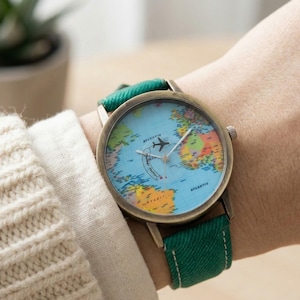 World Map Watch | Vintage Bronze Aviation Timepiece, Green Fabric Strap