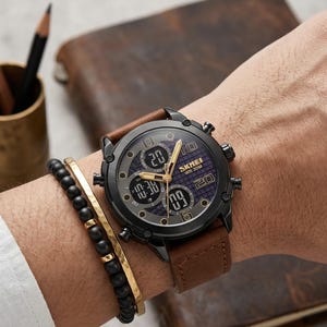 Op de afbeelding: Een zwart polshorloge met een bruine leren band wordt getoond op een pols, naast een zwarte kralenarmband en een goudkleurige armband. De wijzerplaat van het horloge heeft gouden accenten en digitale displays. Een bruin leren notitieboek en een pennenhouder staan op de achtergrond.