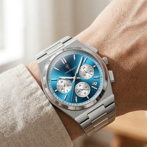 Puede incluir: Un reloj de pulsera de acero inoxidable con una esfera azul vibrante y subesferas plateadas. El reloj presenta el nombre de la marca "peedagar" y una correa de acero inoxidable a juego. El reloj se muestra en una muñeca.