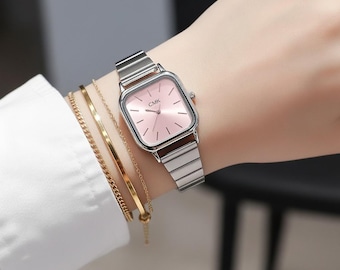 Reloj de cuarzo cuadrado, pulsera minimalista plateada