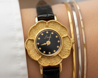 Gold Flower Womens Watch, Vintage Floral Black Dial Watch - Etsy