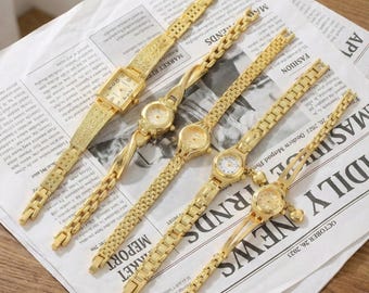 Elegante reloj de cuarzo dorado / Pulsera fina de acero inoxidable