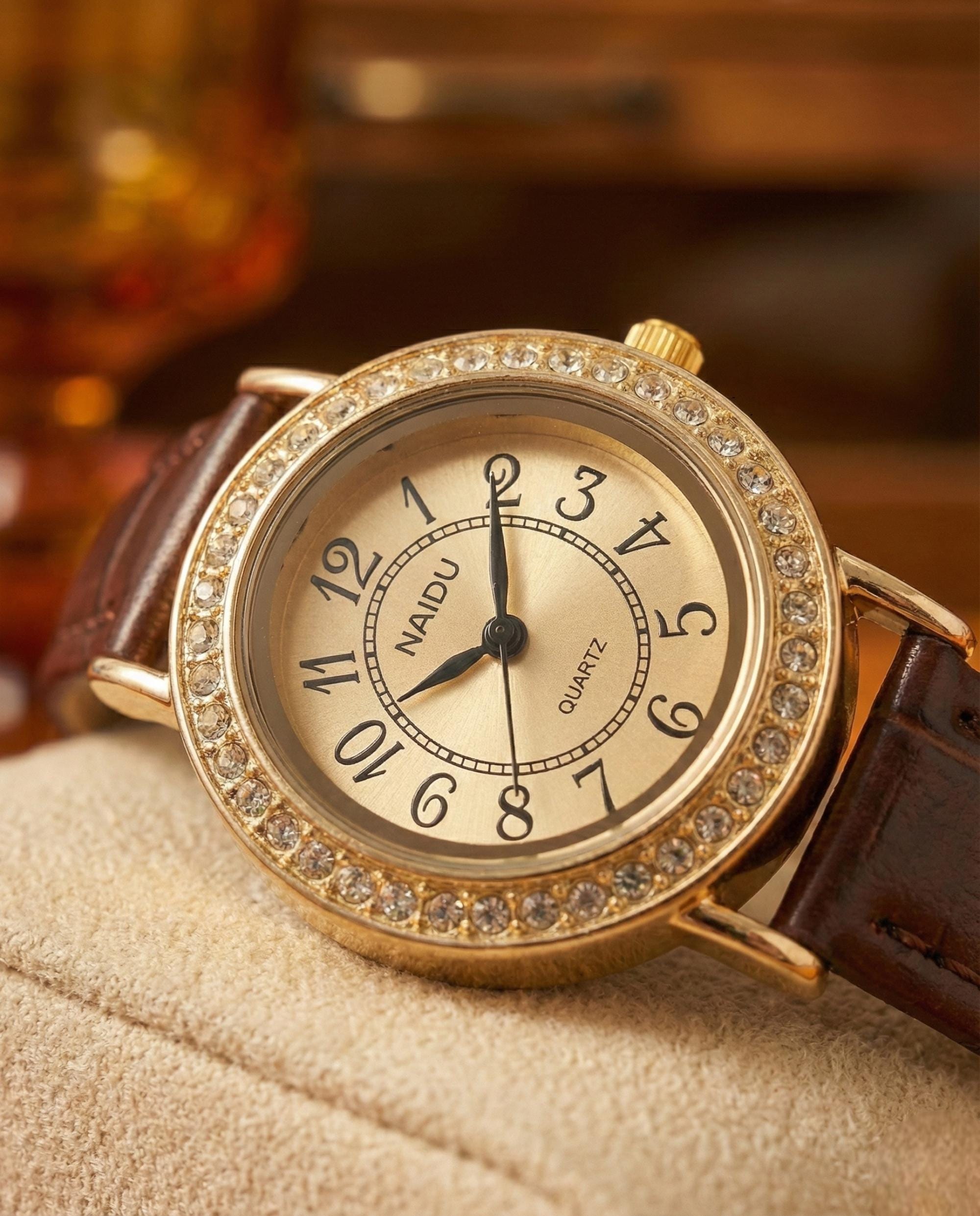 Vintage Oval Gold Watch • Rhinestone Bezel, Leather Strap - Etsy