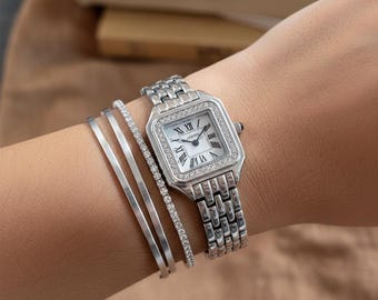 Classic Silver Stainless Steel Crystal Watch with Roman Numerals Agustus, Rectangular Watch in Polished Steel, Roman Dial main image 3
