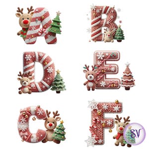 May include: A collection of Christmas-themed alphabet letters, each featuring a unique design. The letters are decorated with red and white stripes, snowflakes, and candy canes. Each letter is accompanied by a reindeer and a Christmas tree.