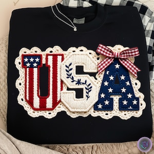 USA Patchwork PNG, Coquette Patriotic Bow Shirt Design, 4th of July Lace Letters Sublimation, Vintage American Flag Graphic