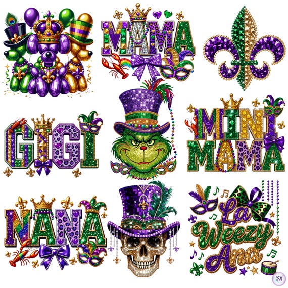 Mardi Gras Rhinestone PNG Bundle | Bling Crystal Mosaic DTF Design | Skull, Grinch, Mama, La Weezy Ana | Digital Download