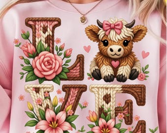 Faux Yarn Valentines Day Highland Cow Png Valentines Day Goodie Bag PNG, Love Clipart, Cute Highland cow Watercolor Highland Cow Leopard Cow