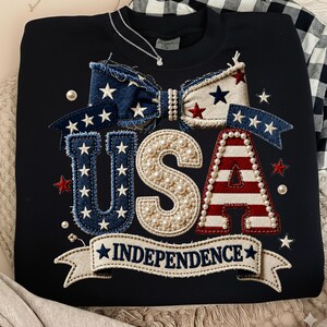 4th of July Patchwork USA Png | Patriotic Bow Patch| Distressed Denim USA Png | Patchwork Patriotic Design| Semiquincentennial Png