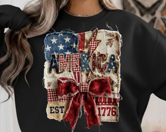 Vintage Patchwork America 1776 PNG, Patriotic Quilt Bow Design, Retro USA Flag Patchwork, 4th of July Sublimation, Digital Download