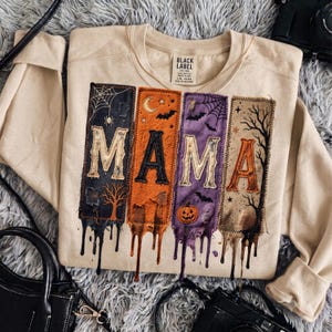 Mama Halloween Patchwork PNG, Spooky Mama Sublimation Design, Halloween Shirt Design for Moms, Retro Denim Patch Style, Instant Download