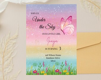 Plantilla de invitación de cumpleaños de mariposa (1.º, 2.º y 3.º cumpleaños), editable, acuarela, rosa y morado, para niña, descarga digital instantánea en Canva.