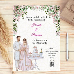 May include: Wedding invitation featuring a couple illustration, floral accents, and event details. The invitation includes the names "Hanish & Bhuvika", date, time, and venue information. A gift box and pen are also visible.