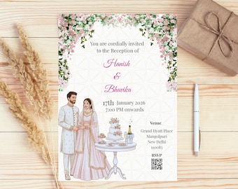 Invitación digital para recepción de boda india, plantilla de invitación floral hindú editable, pareja rosa pastel ilustrada en Canva, descarga