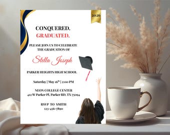 Invitación de graduación azul y dorada, plantilla de la generación de 2026, fiesta de graduación azul marino, invitación para diploma de secundaria, tarjeta con foto, descarga instantánea