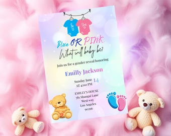 Plantilla editable para invitación de revelación de género, mono de bebé azul o rosa, descarga digital de un lindo osito de peluche, acceso instantáneo a Canva