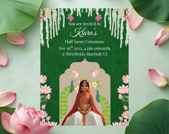 Invitación editable para ceremonia de medio sari / Celebración de Padavai Dhavani / Tarjeta digital de loto de pavo real / Descarga instantánea de Canva