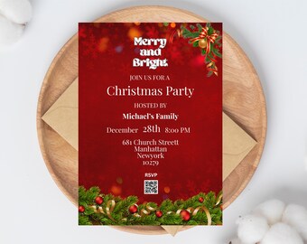 Invitación editable para fiesta de Navidad / Plantilla roja para celebrar las fiestas / Reunión familiar festiva / Descarga instantánea / Confirmación de asistencia de Google incluida