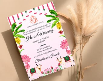 Letrero de bienvenida e invitación para inauguración de la casa, tablero de entrada indio imprimible, decoración Gruhapravesam, póster de vaca de loto rosa, descarga instantánea